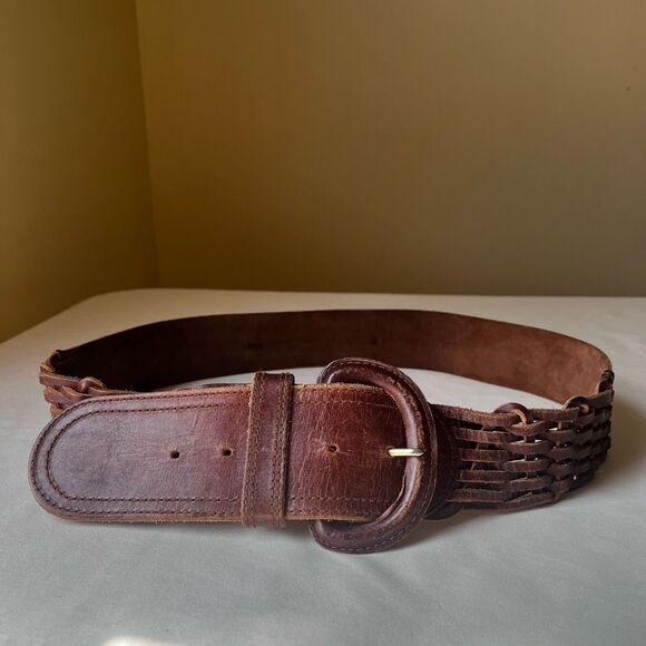 Vintage 90s Liz Claiborne Wide Brown Woven Leather Waist Belt L Covered Buckle - Picture 1 of 8